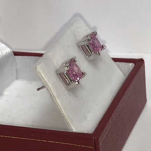 Real Solid 14K White Gold Princess Cut Pink Solitaire Gemstone Stud Earrings - Picture 8 of 12